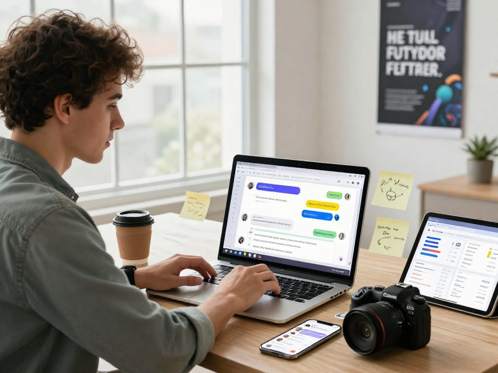 Engaging digital workspace showcasing juicy ai chat interface on laptop and collaborative brainstorming tools.