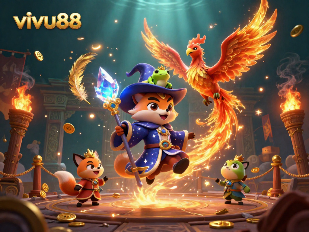 Experience the thrill of betting with vivu88, featuring a dynamic wizard and fiery phoenix in a vibrant arena.