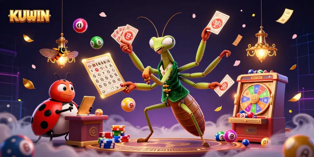 Engaging KUWIN scene displaying animated characters dealing cards and managing joyous lottery elements.