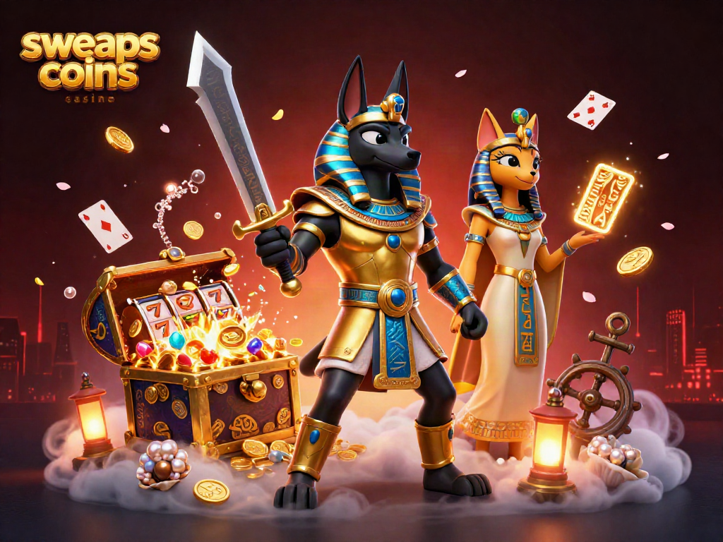 Engaging artwork showcasing Anubis and Bastet in a vibrant sweeps coins casino scene filled with slot reels and treasure.