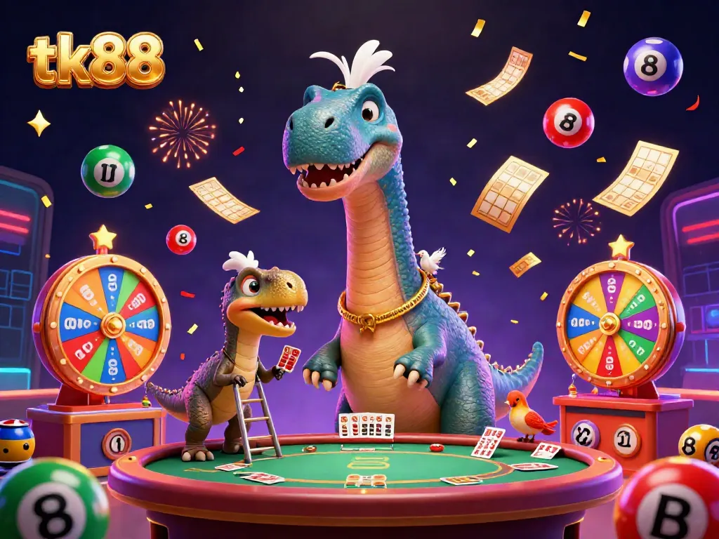 Experience excitement at tk88 with a festive casino backdrop, featuring a playful brontosaurus and clever raptor amidst vibrant elements.