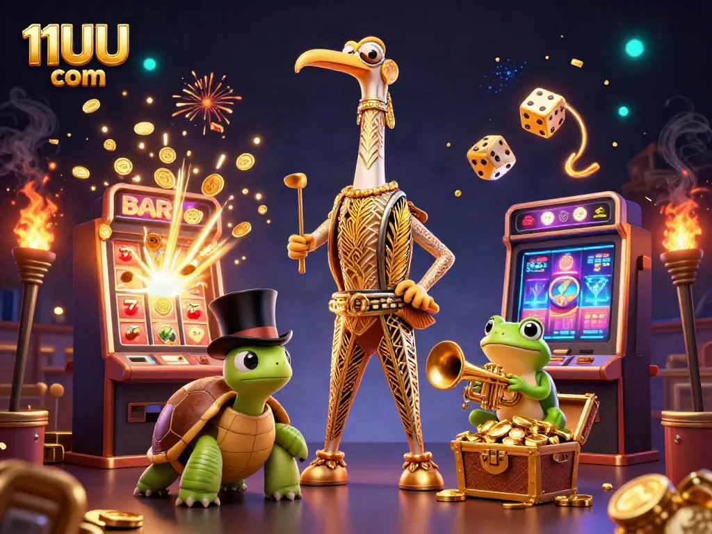 Experience the vibrant world of 11UU com with dynamic casino characters, slots, and jackpots bursting with coins.
