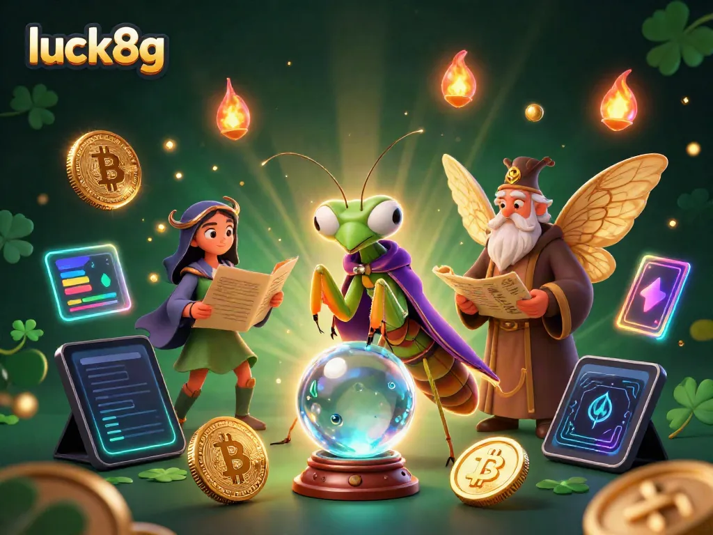 Engage with luck8g's enchanting online casino experience amid a vibrant, mystical scene combining fortune-telling characters and crypto elements.