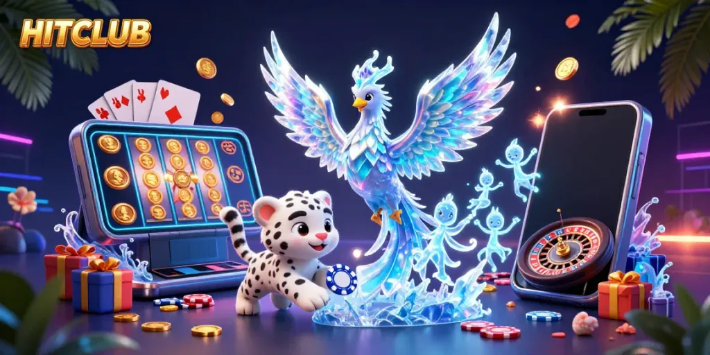 Engage with HITCLUB’s thrilling gaming experience, showcased by a 3D phoenix and snow leopard playing with casino elements.