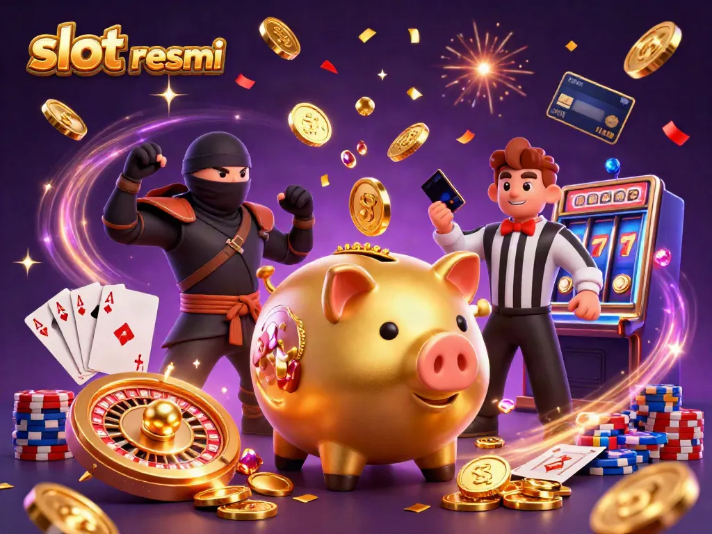 Engaging scene showcasing slot resmi with a golden piggy bank sumo wrestler amongst dynamic casino elements.