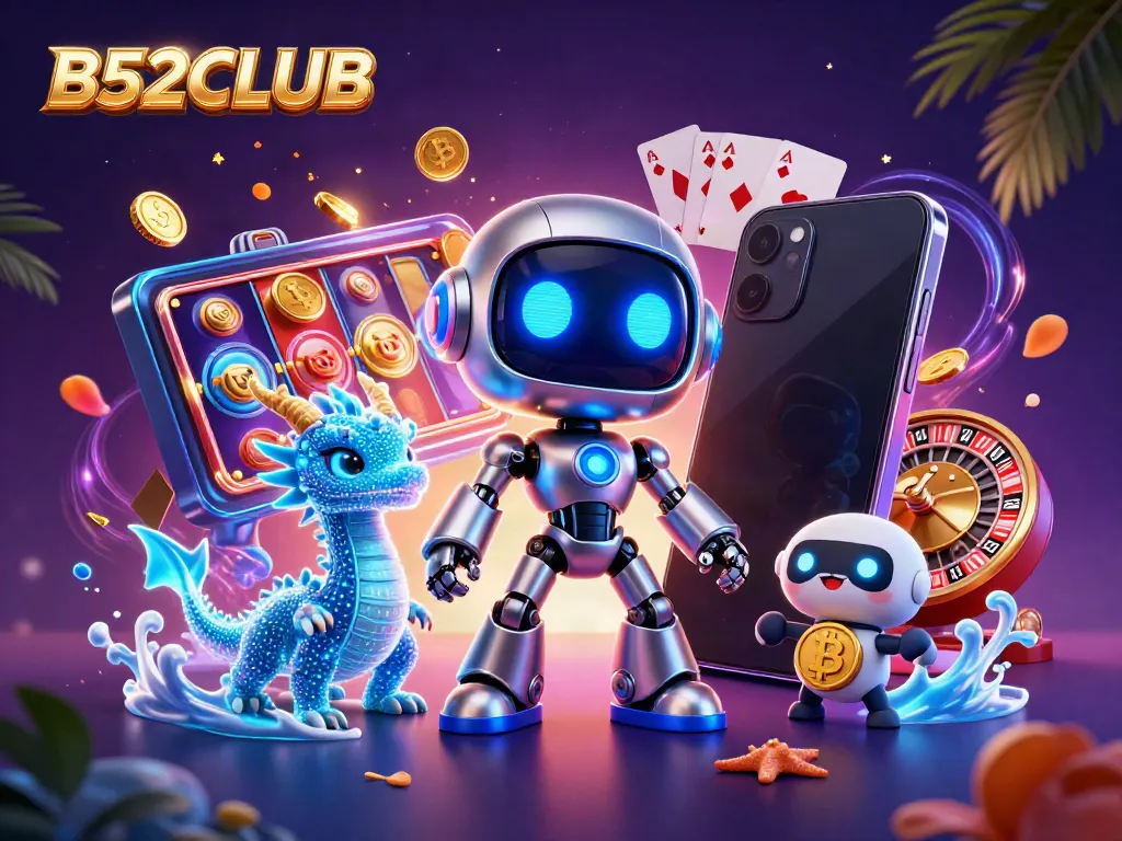 B52CLUB showcases vibrant 3D gambling illustration featuring a cyberpunk robot and lively casino elements.