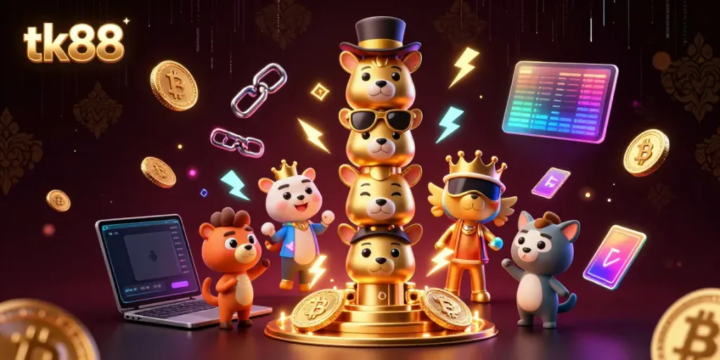 tk88’s vibrant casino-themed illustration showcases animated characters and crypto gaming elements.