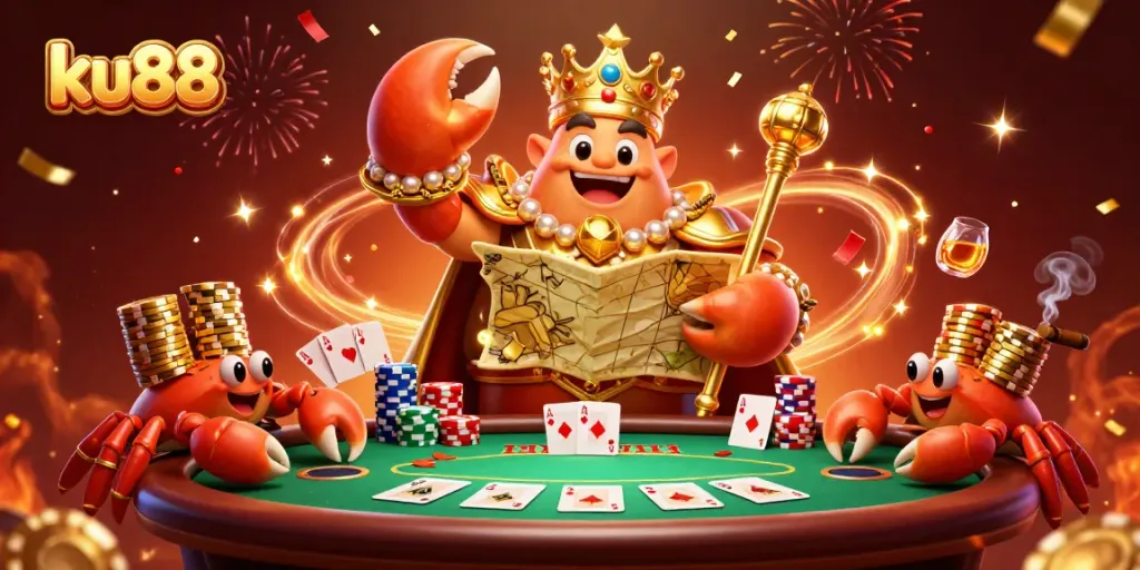 Engage with ku88 casino excitement featuring a golden crab emperor surrounded by poker elements.