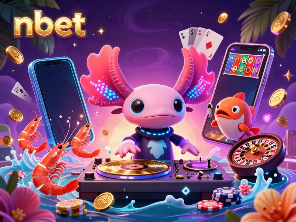 Join the electrifying fun of nbet with a vibrant casino scene featuring a DJ, dancing characters, and gaming elements!