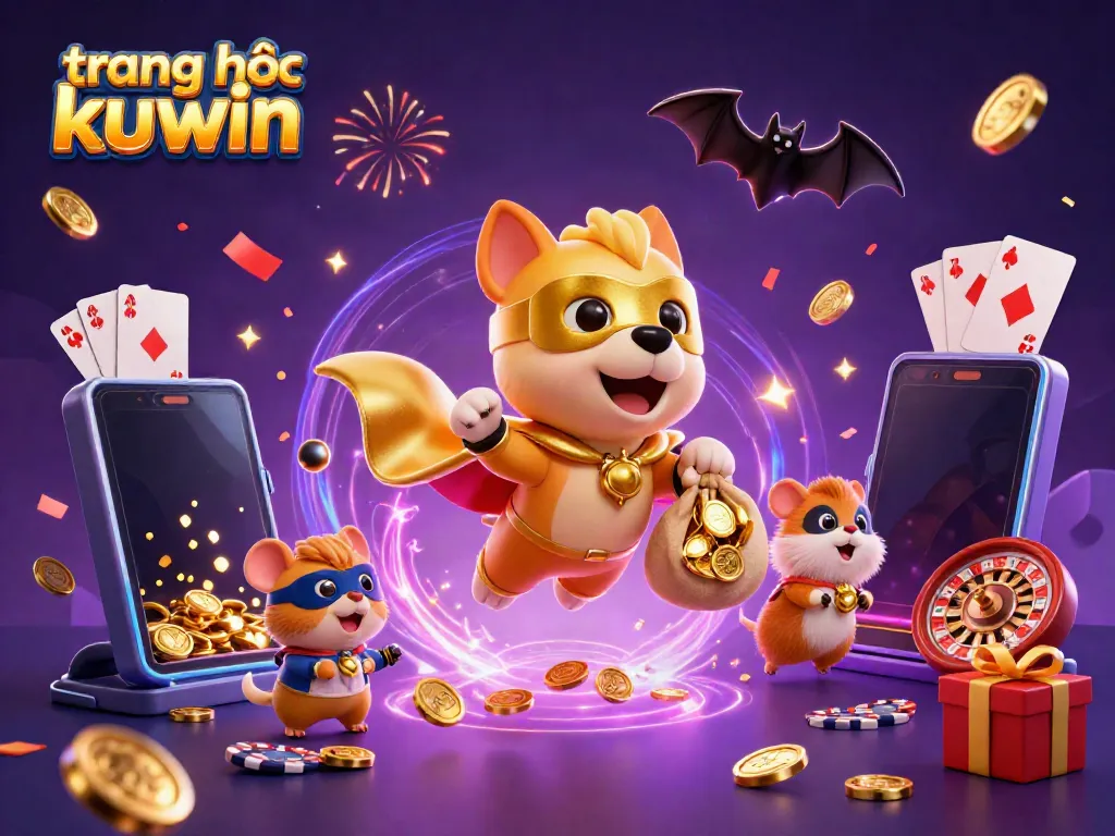 Experience the excitement of trang chủ kuwin with a colorful 3D cartoon scene featuring a superhero dog and casino elements.