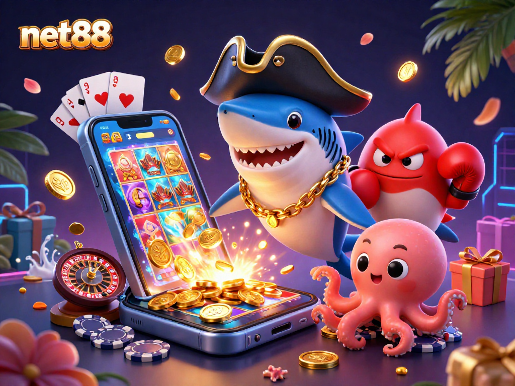Engage with net88's vibrant casino scene featuring a pirate shark, pufferfish, and octopus amid exciting game elements.