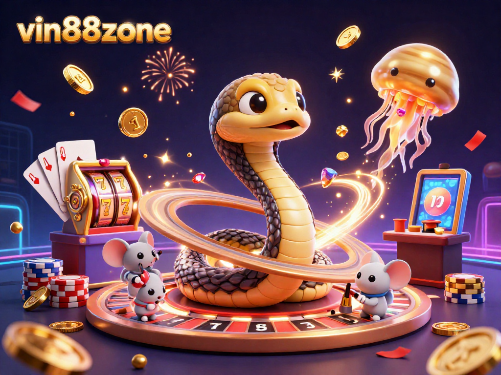 Experience thrilling slots action with the vin88zone cosmic dealer and betting mice in this vibrant casino scene.