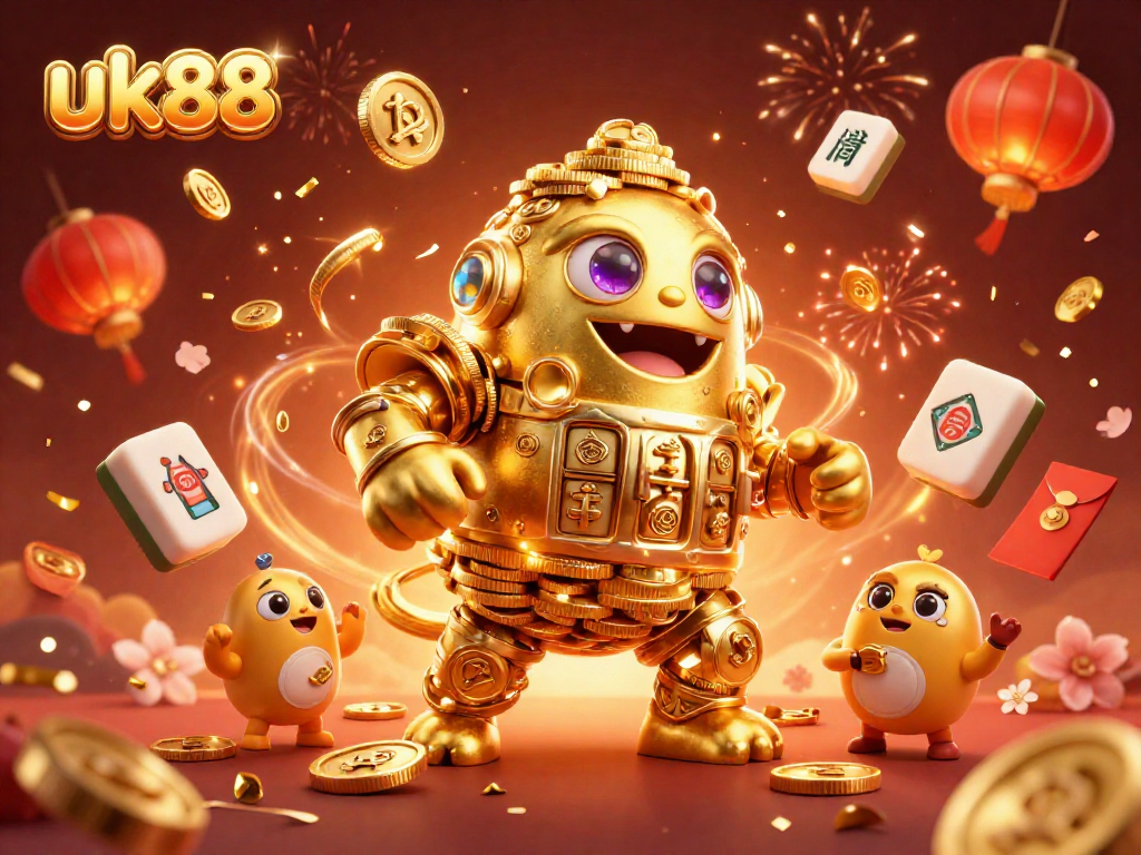 Experience the excitement of uk88 with this vibrant 3D casino illustration featuring a golden golem and colorful game elements.