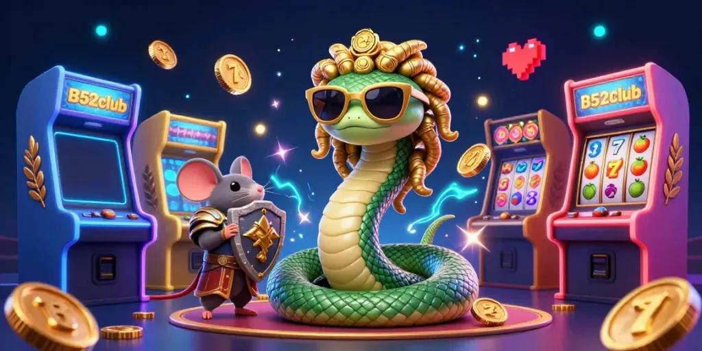 Experience the thrill of B52club with a fun Medusa snake-lady and warrior mouse amidst dynamic gaming elements.