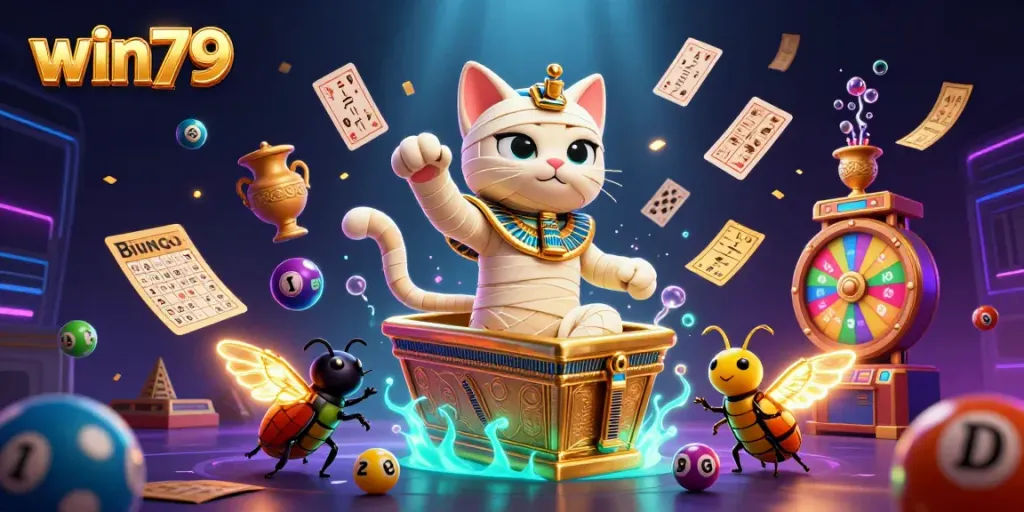 Experience thrilling adventures in win79 casino with an Egyptian mummy cat and captivating gaming elements.