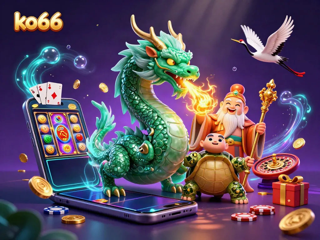 Experience thrilling wins with ko66 in a vibrant casino landscape featuring a jade dragon and lucky elements.