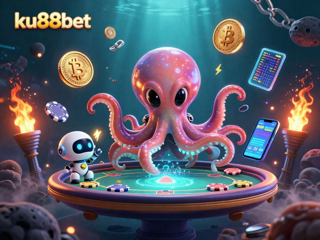 ku88bet alien octopus at holographic poker table surrounded by crypto coins