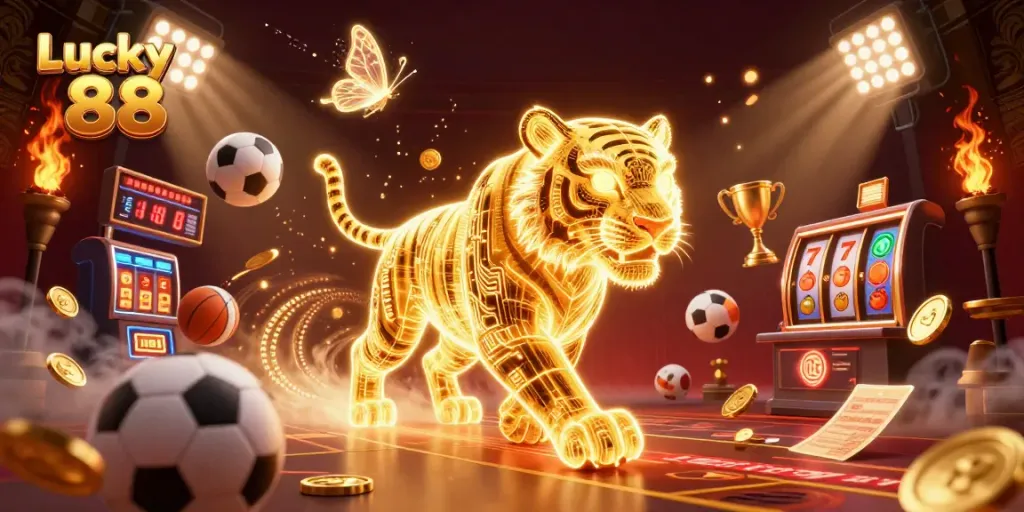 Experience Lucky 88 casino action with a vibrant digital scene featuring sports elements and rich visuals.