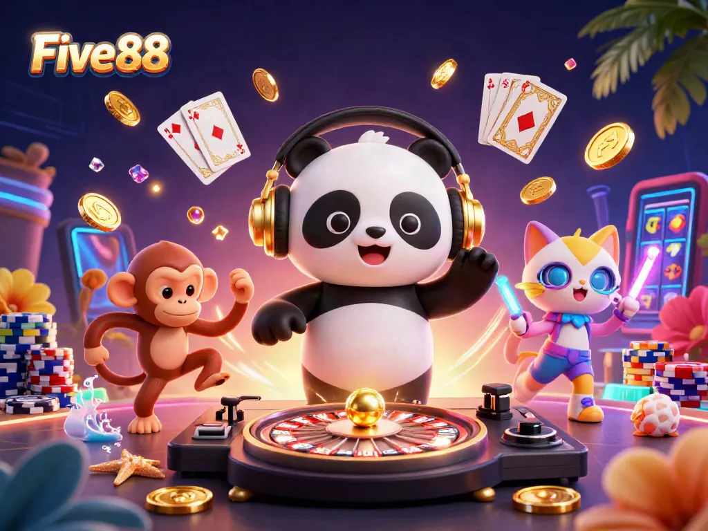 Experience the excitement of Five 88 with a vibrant party atmosphere featuring a DJ panda and glowing treasures.