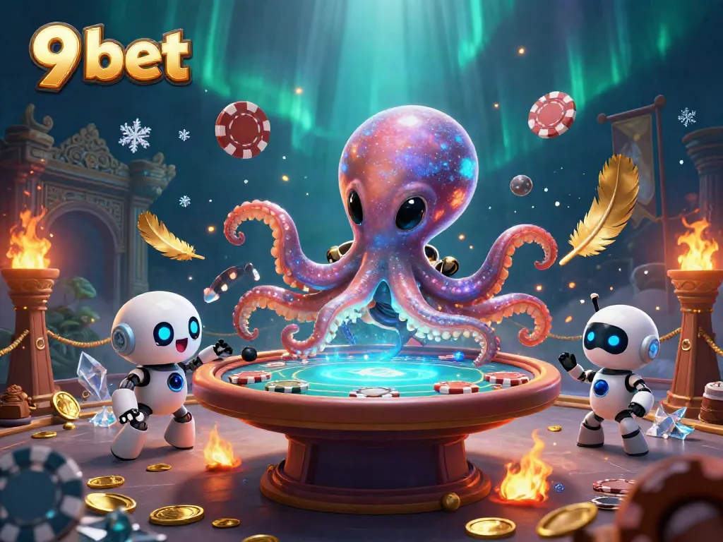 Engage with 9 bet in an exciting alien poker scene featuring an octopus and robot amidst vibrant casino elements.