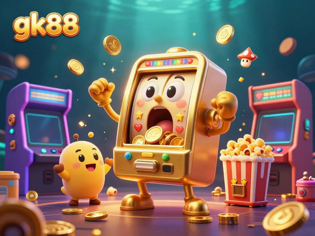 Experience the gk88 magic as a golden slot machine hits a jackpot in a vibrant casino scene.