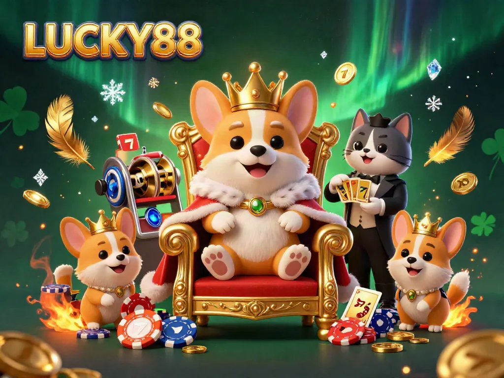 Experience the thrill of gaming at LUCKY88 with a royal corgi on a throne of poker chips surrounded by casino elements.
