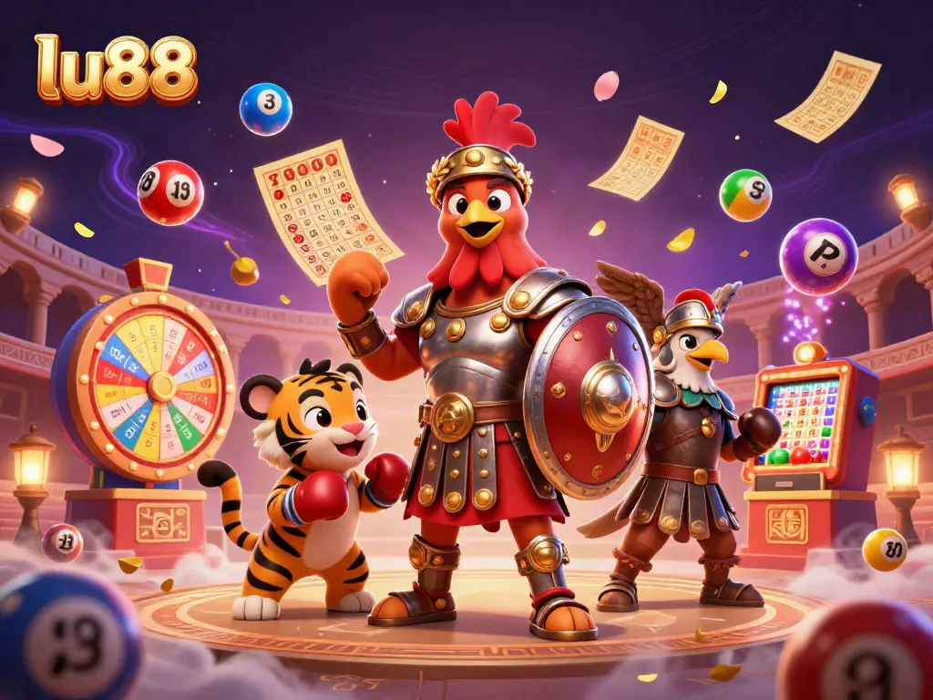 Experience thrilling gaming action with LU88's vibrant 3D illustration featuring a gladiator rooster and dynamic casino elements.