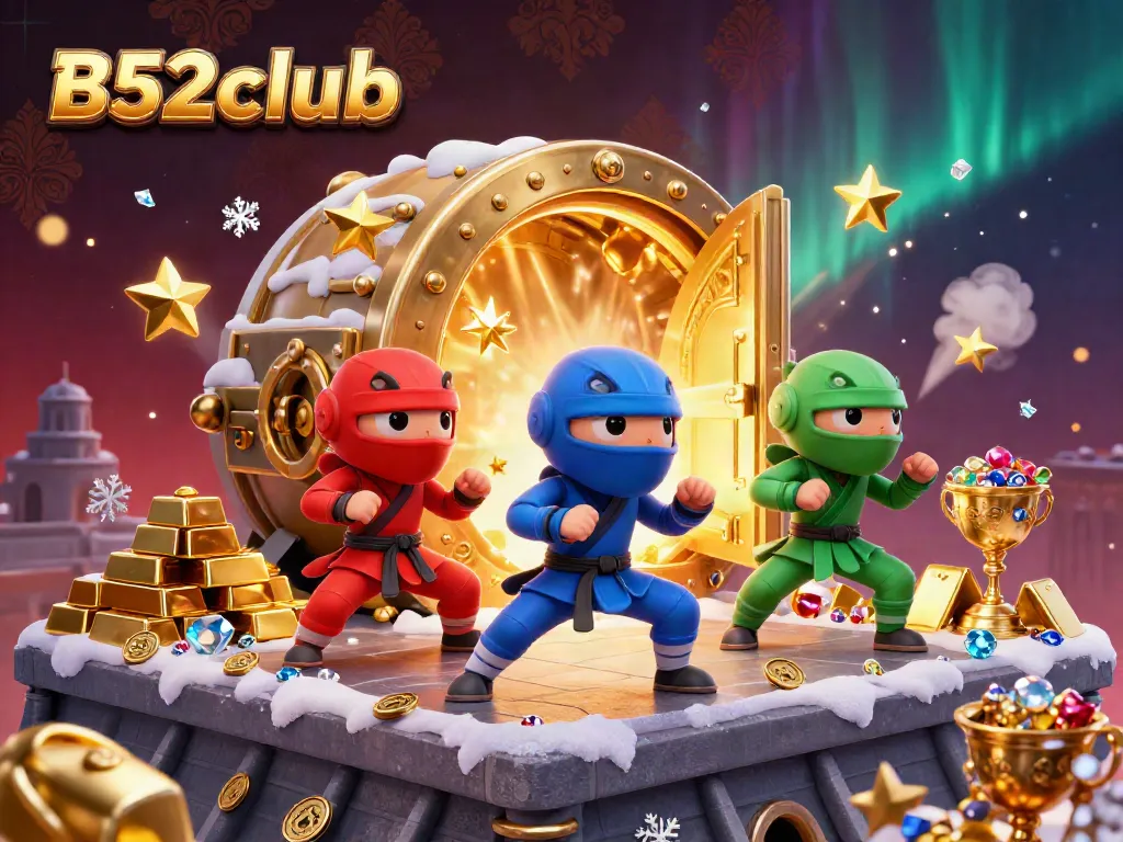 Experience thrilling action with B52club's ninja chameleon team battling amidst treasures and golden gems.