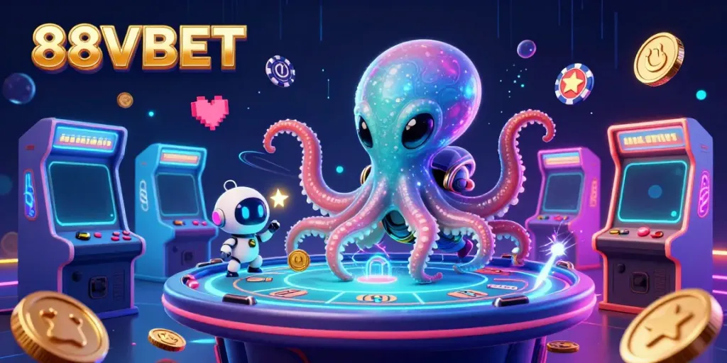 Experience thrilling poker gameplay with 88VBET's alien octopus and robot companion at a stylish casino table.