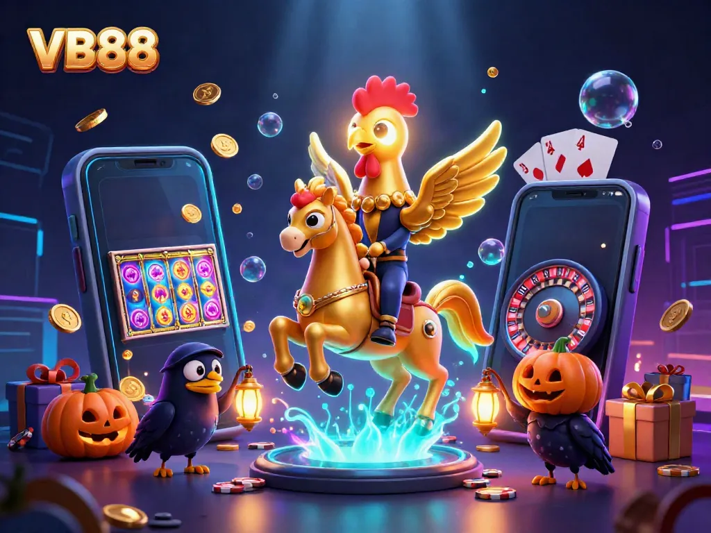 VB88 showcases a vibrant casino scene featuring a golden rooster and its companions amidst dynamic gaming elements.