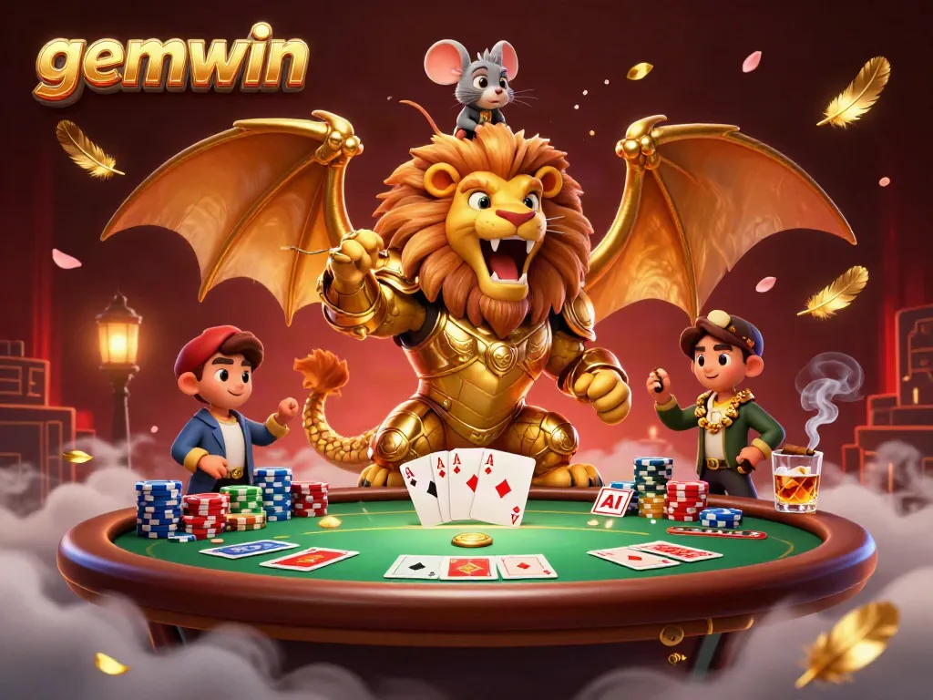 Experience the thrill of gambling with gemwin's thrilling casino adventure featuring a golden chimera and poker elements.