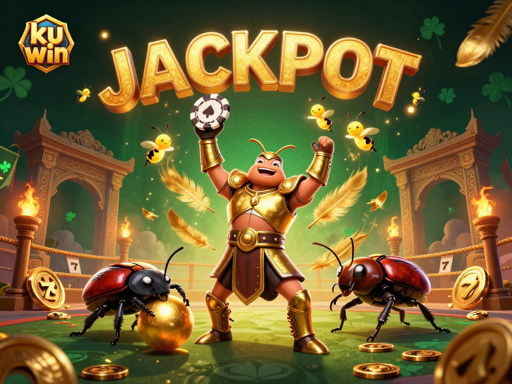 Join the excitement at ku win with a heroic beetle lifting a winning poker chip amidst casino-themed elements.