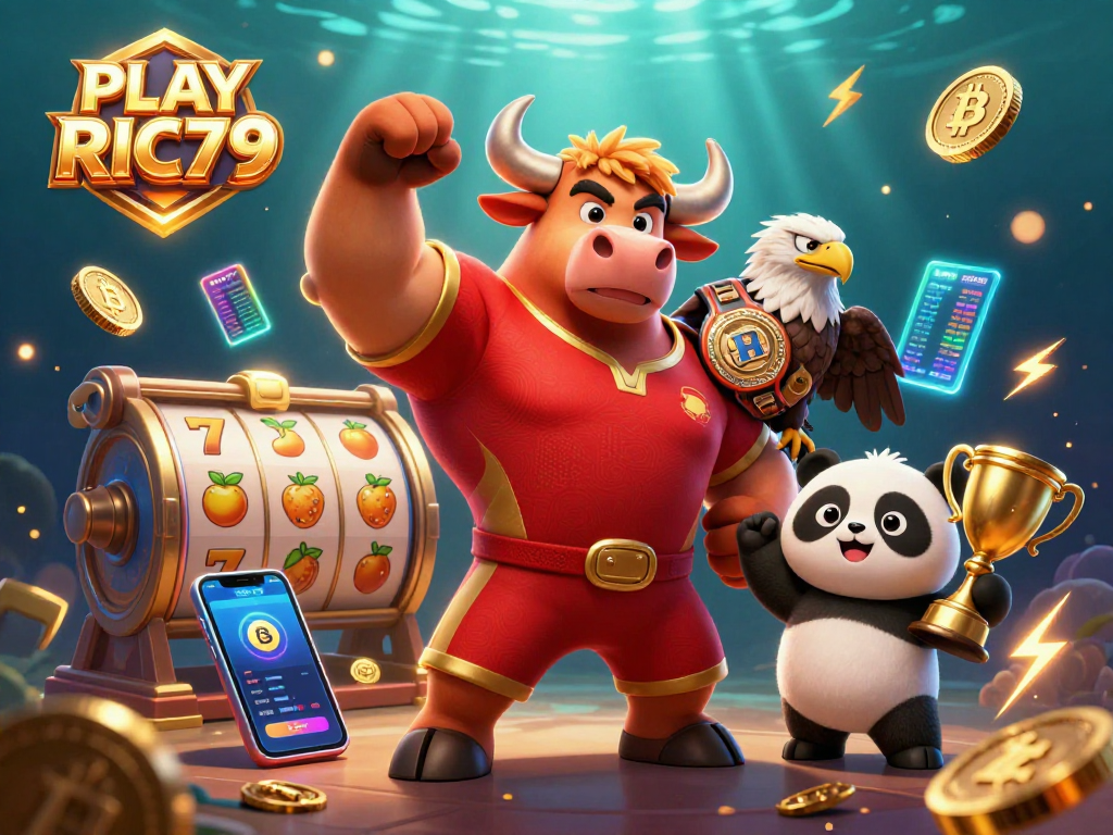 Play RIC79 at vibrant casino illustration with dynamic characters and glowing crypto elements