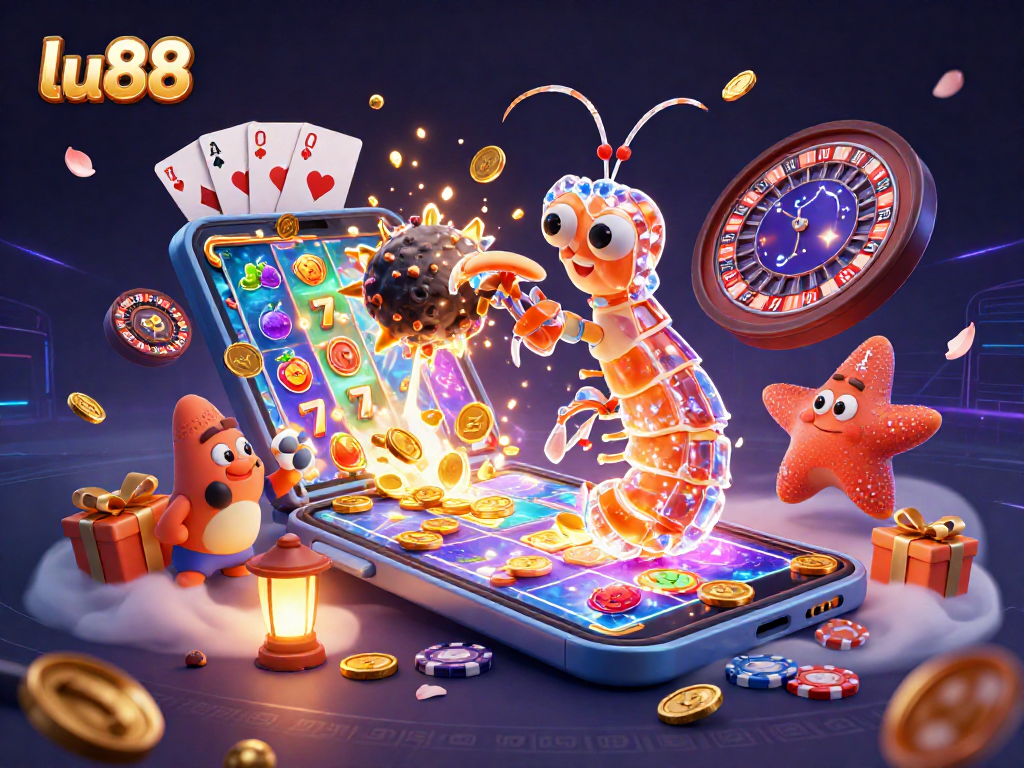 Spin to win with lu88's dazzling galaxy-themed casino illustration featuring vibrant games and characters.