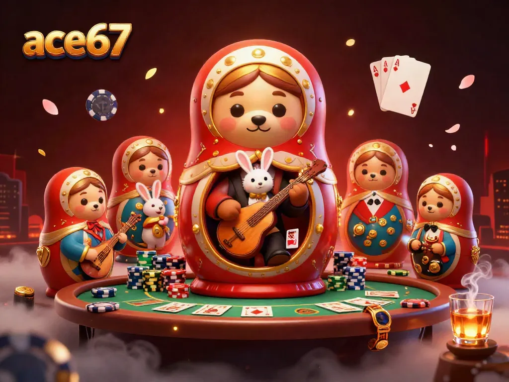 Experience the vibrant excitement of ace67 with cartoon bears dealing cards at a packed casino table.