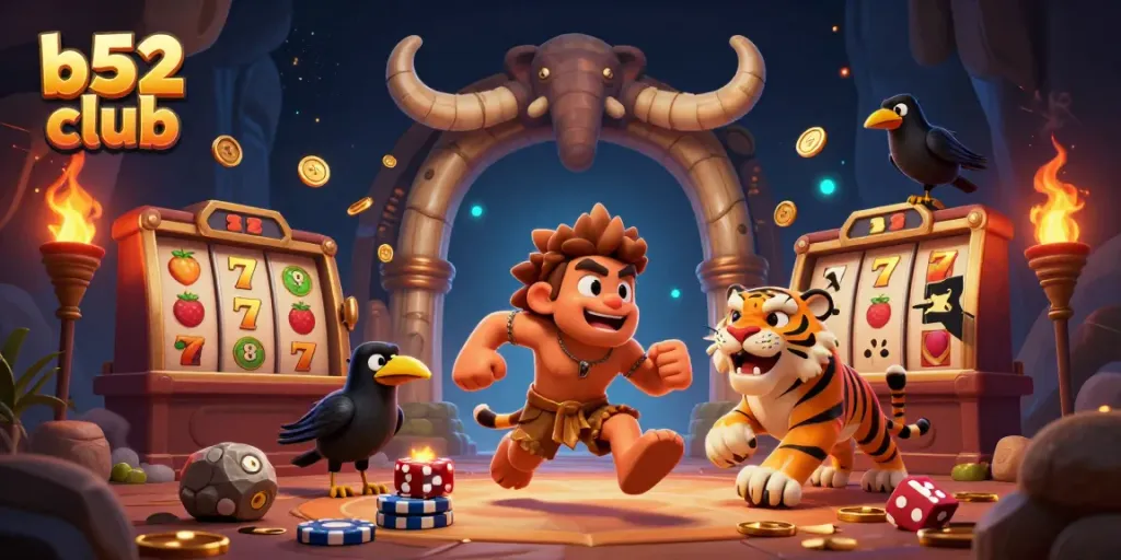 Exciting action scene at b52 club with caveman, sabertooth tiger, and crow amidst jackpot slots and vibrant casino elements.