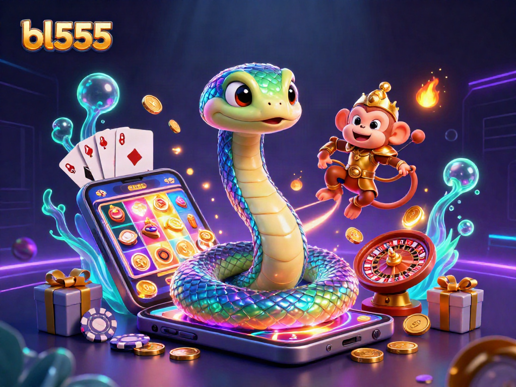 Engaging scene of bl555 with vibrant colors featuring a rainbow serpent, playful monkey king, and winning slot game elements.