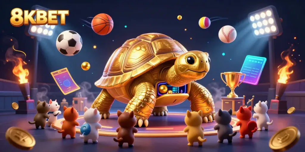 Experience the thrill of 8KBET with a vibrant casino scene filled with golden tortoise pinball action.