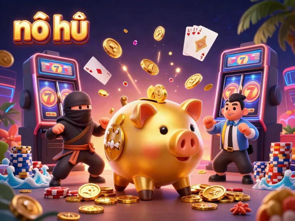 Engage in nổ hũ excitement as a golden piggy bank sumo wrestler triumphantly stomps to release golden coins in a high-stakes casino setting.