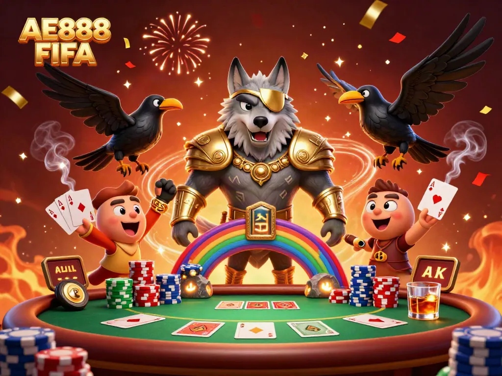 Experience AE888 FIFA's vibrant 3D casino world, featuring Odin and his ravens amidst dazzling poker elements.