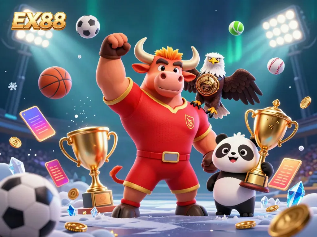 Experience excitement at EX88 with a victory pose from a muscular bull mascot and cheerful panda in a vibrant casino scene.