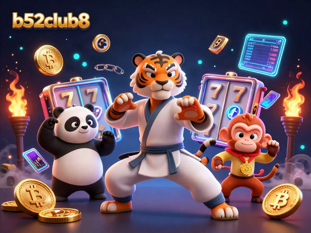Engage in games at b52club8 with slots and crypto coins illuminating the scene.