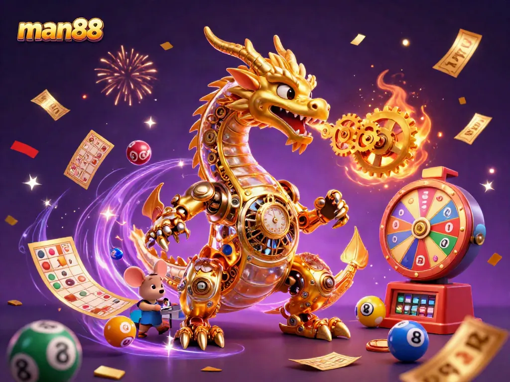 Experience exciting gameplay at man88 with a dynamic scene of a golden dragon amidst vibrant casino elements.