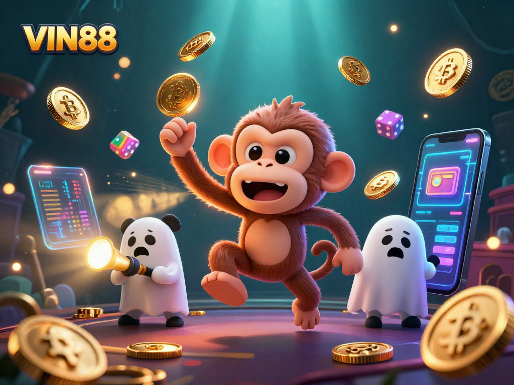 Experience VIN88's thrilling atmosphere as a playful monkey juggles casino treasures amid neon crypto lights.