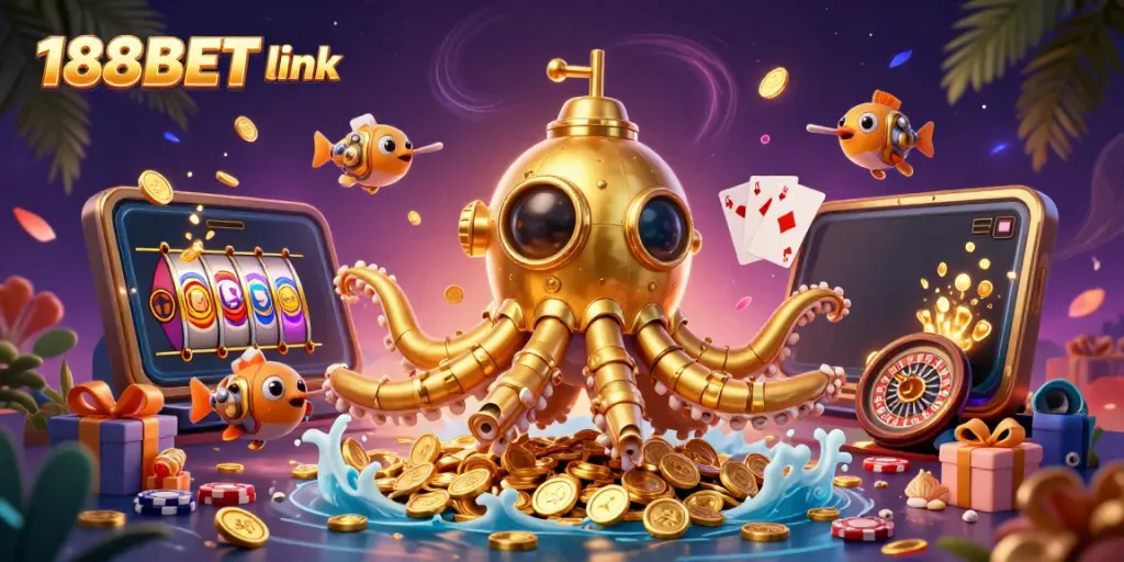Experience thrilling gaming action with the 188BET link, featuring vibrant casino elements and energetic characters.