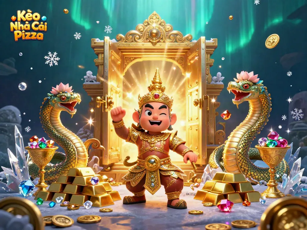 Engage with Kèo Nhà Cái Pizza in this vibrant 3D scene featuring a temple guardian and fortune elements.