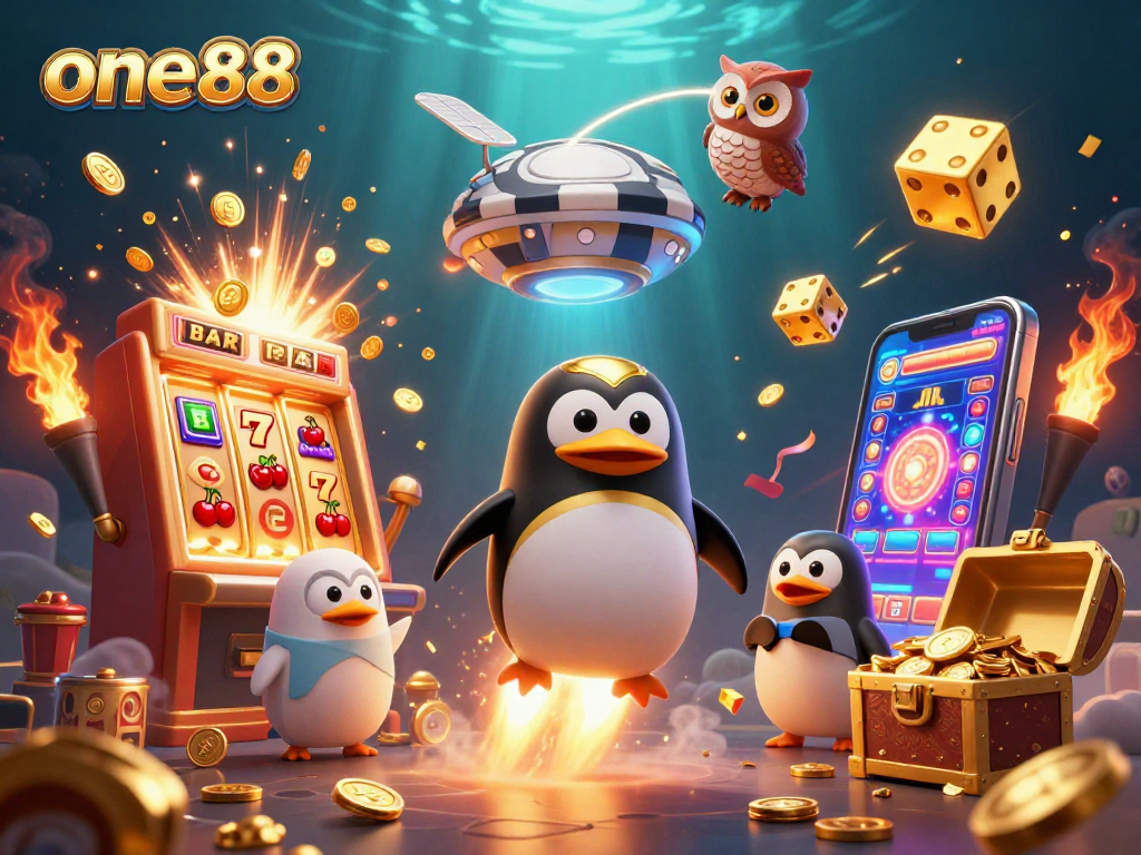 Experience the excitement of one88 with a stunning 3D scene featuring a golden penguin and jackpot slots.