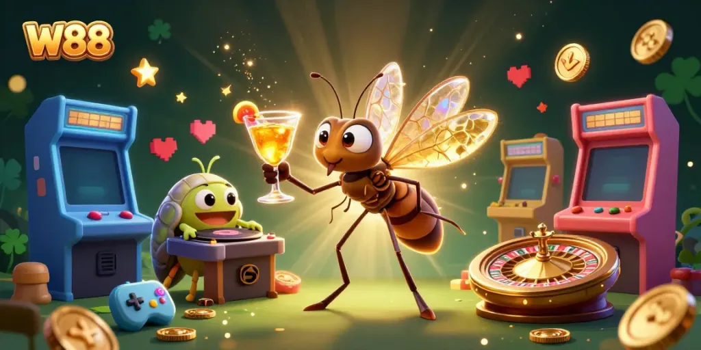 Win big with W88 at a lively casino featuring unique characters and vibrant gaming elements.