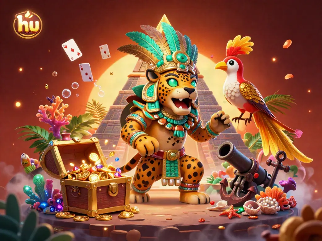 Experience thrilling gameplay at hu with a Mayan casino scene featuring a jaguar priest, golden treasures, and vibrant elements.