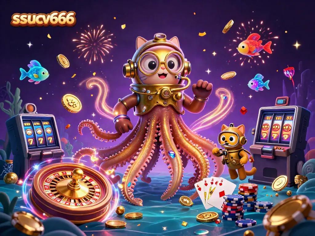 Engage with the thrilling ssucv666 gaming scene featuring a kraken, diving cat, and casino elements.